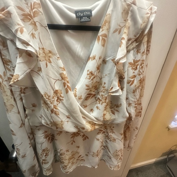 City Chic Floral Wrap Blouse - Cream and Brown - Picture 2 of 6